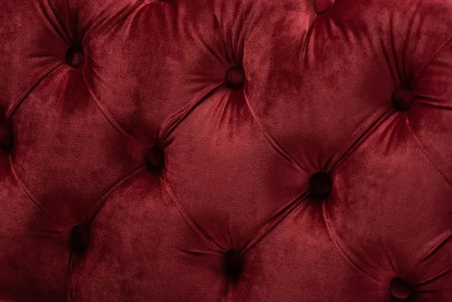 Matthew Burgundy Velvet Fabric Upholstered Gold Finished Button Tufted Bench Ottoman