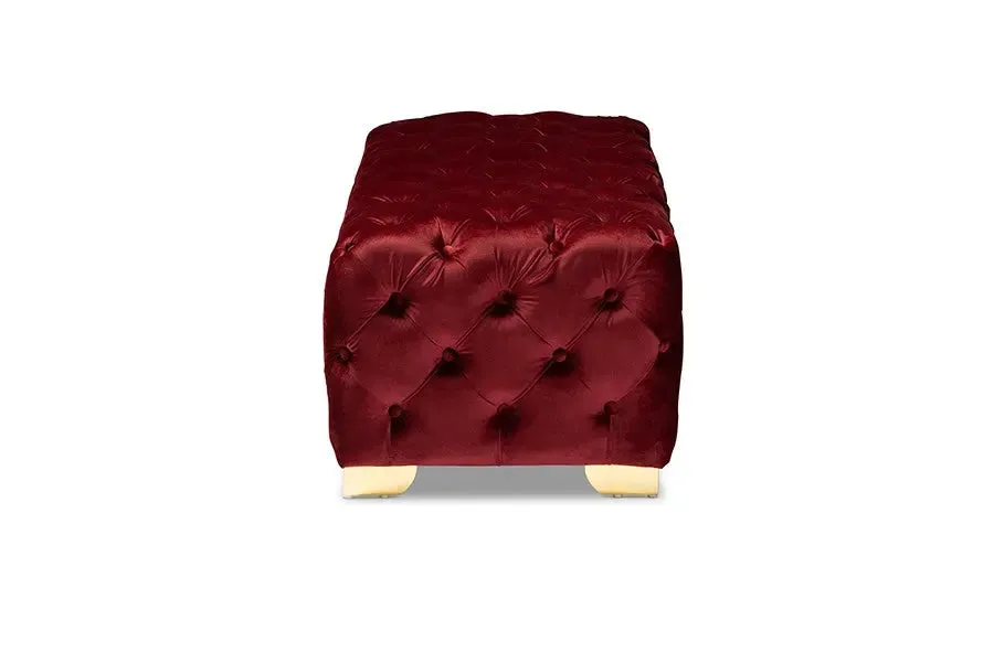Matthew Burgundy Velvet Fabric Upholstered Gold Finished Button Tufted Bench Ottoman