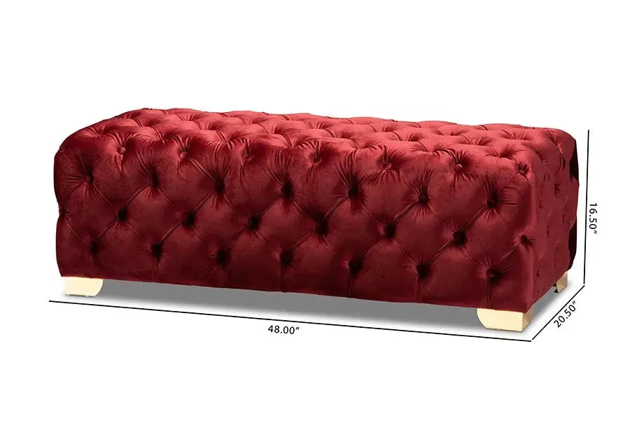 Matthew Burgundy Velvet Fabric Upholstered Gold Finished Button Tufted Bench Ottoman