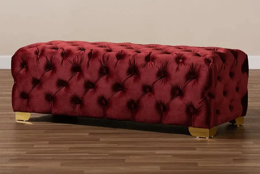 Matthew Burgundy Velvet Fabric Upholstered Gold Finished Button Tufted Bench Ottoman