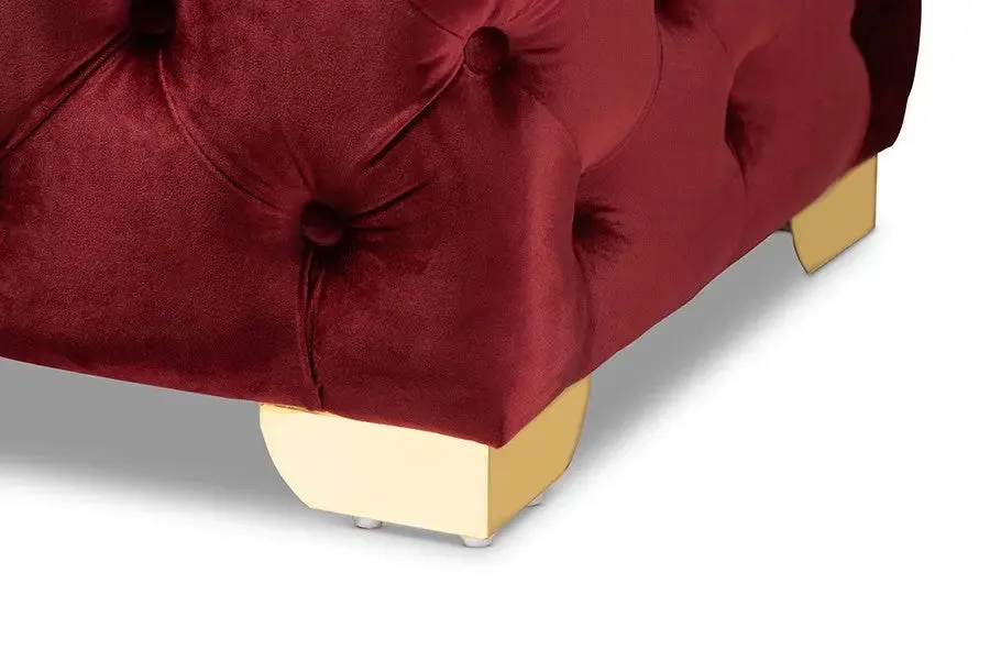 Matthew Burgundy Velvet Fabric Upholstered Gold Finished Button Tufted Bench Ottoman