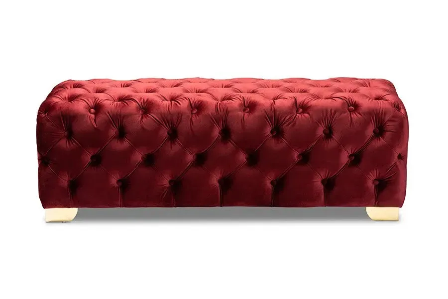 Matthew Burgundy Velvet Fabric Upholstered Gold Finished Button Tufted Bench Ottoman