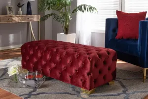 Matthew Burgundy Velvet Fabric Upholstered Gold Finished Button Tufted Bench Ottoman