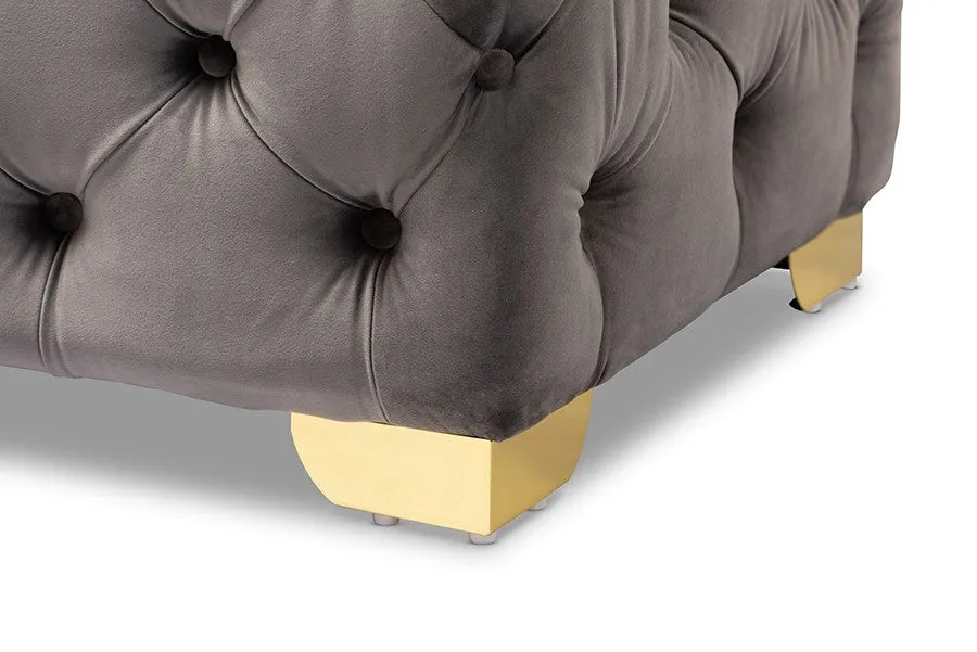 Matthew Gray Velvet Fabric Upholstered Gold Finished Button Tufted Ottoman