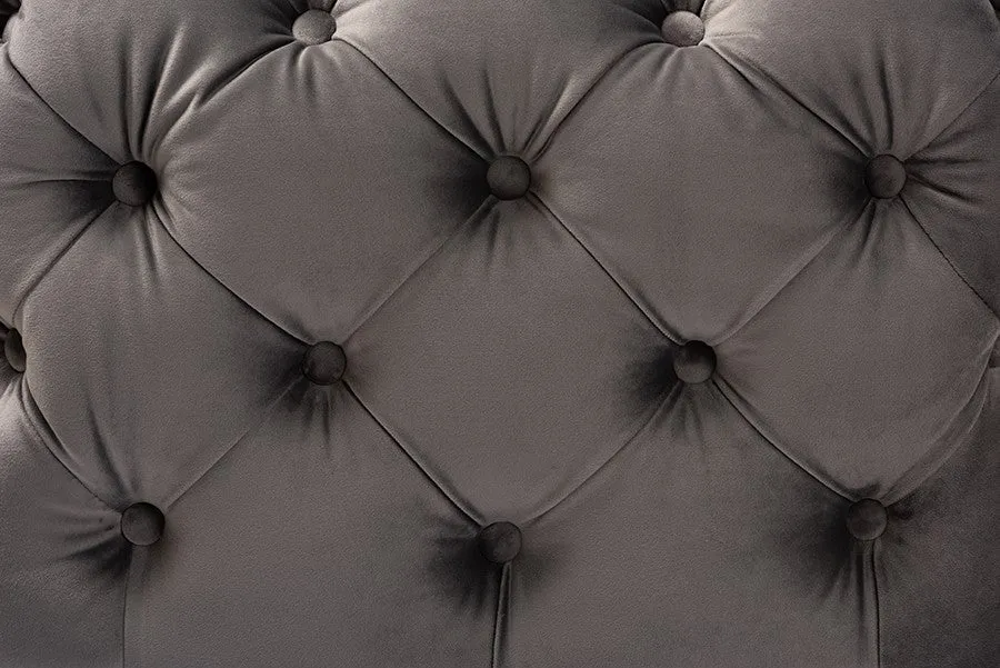 Matthew Gray Velvet Fabric Upholstered Gold Finished Button Tufted Ottoman