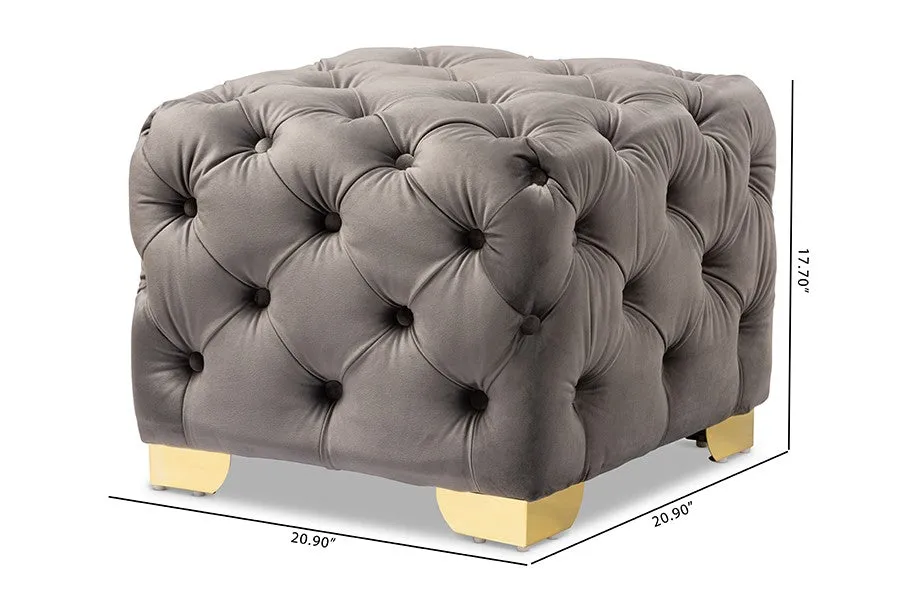 Matthew Gray Velvet Fabric Upholstered Gold Finished Button Tufted Ottoman
