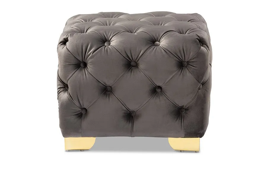 Matthew Gray Velvet Fabric Upholstered Gold Finished Button Tufted Ottoman