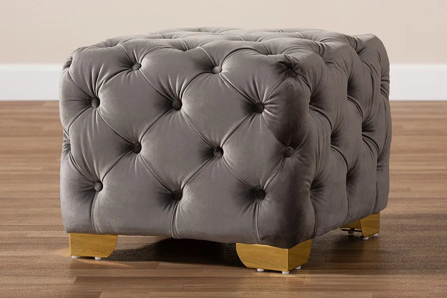 Matthew Gray Velvet Fabric Upholstered Gold Finished Button Tufted Ottoman