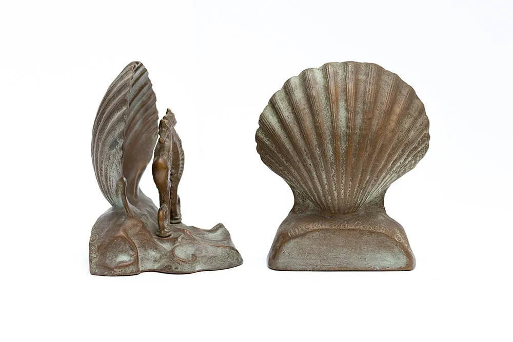 McCLELLAND BARCLAY Pair of Art Deco Bronze Plated Seahorse and Shell Bookends