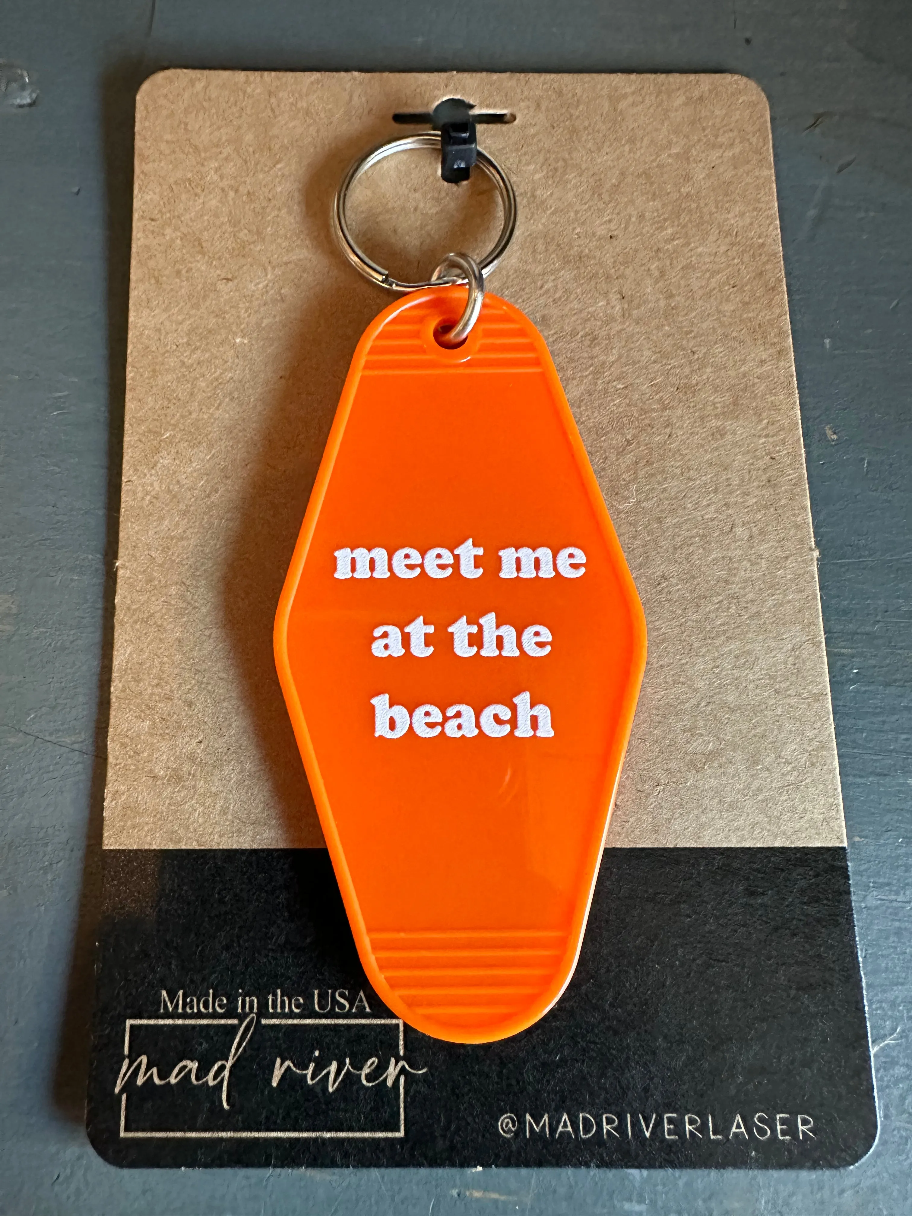 MEET ME AT THE BEACH :: Retro Motel Keychain - Orange (white text)