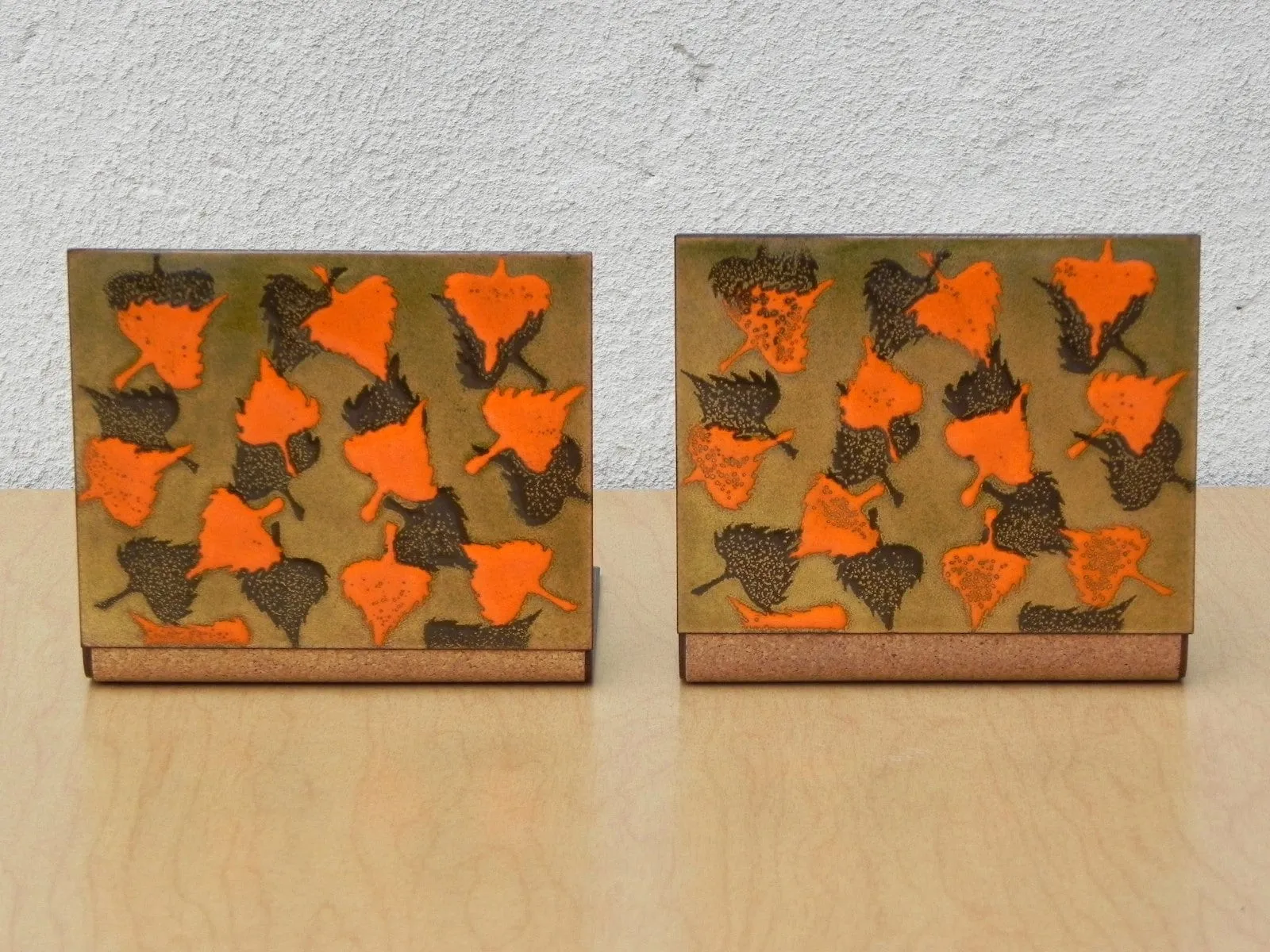 Modern Orange Brown Gold Enameled Copper Bookends