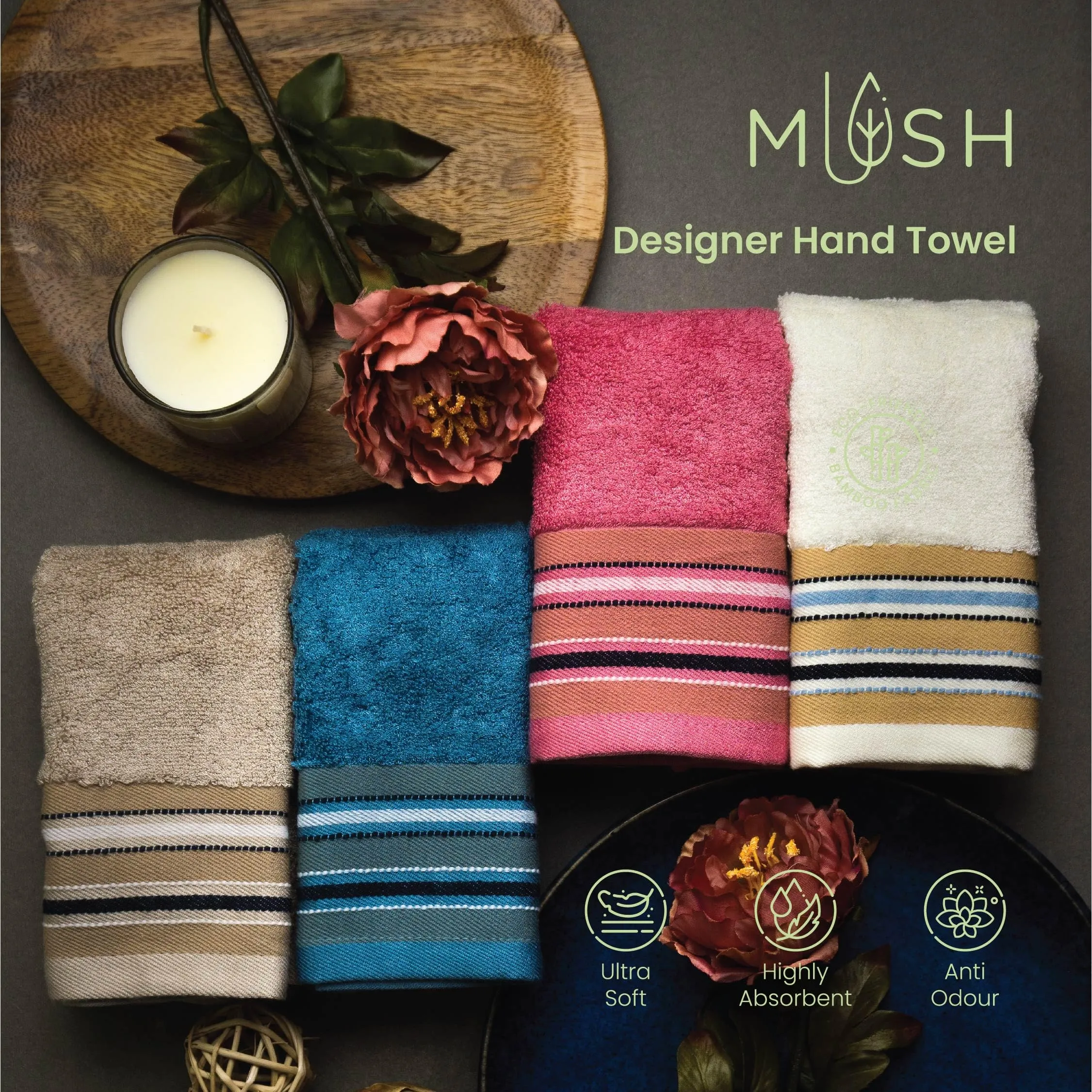 Mush Designer Bamboo Hand Towels |Ultra Soft, Absorbent & Quick Dry Towels for Bath, Spa and Yoga (Pearl White, Hand Towelset of 2),450 GSM