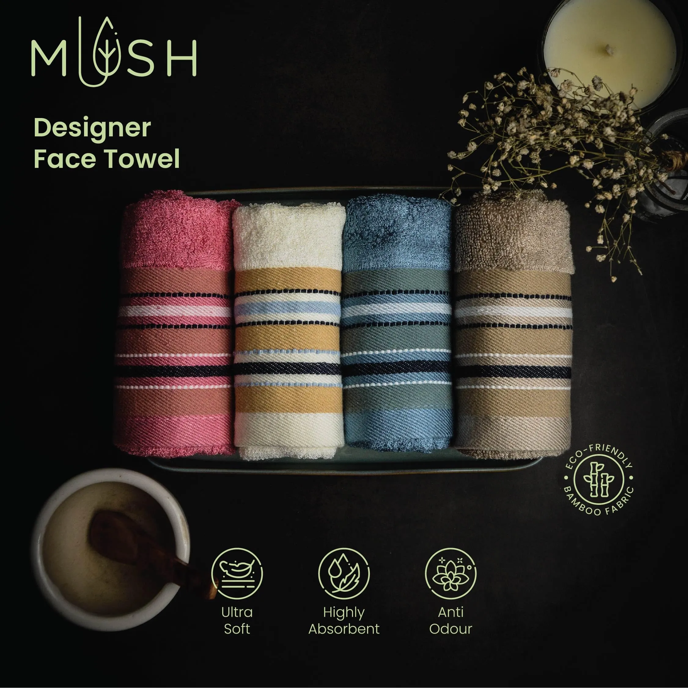 Mush Designer Bamboo Hand Towels |Ultra Soft, Absorbent & Quick Dry Towels for Bath, Spa and Yoga (Pearl White, Hand Towelset of 2),450 GSM