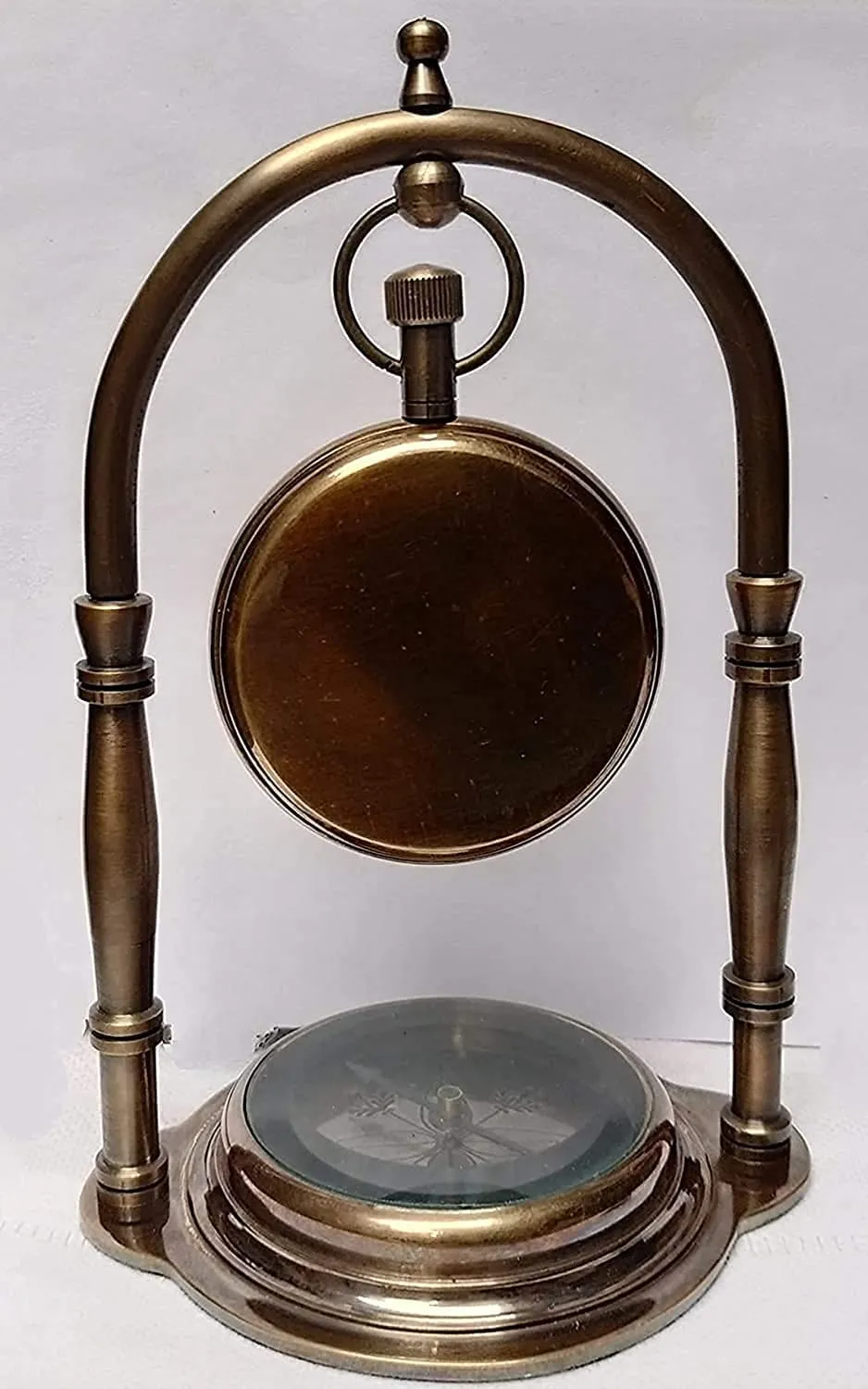 NOOR COLLECTION Handmade Antique Brass Table Top Clock Desk Clock with Desion Base Compass Hanging Clock Home Office Bed Room Study Room Decoration Gift (6 Inch Antique)