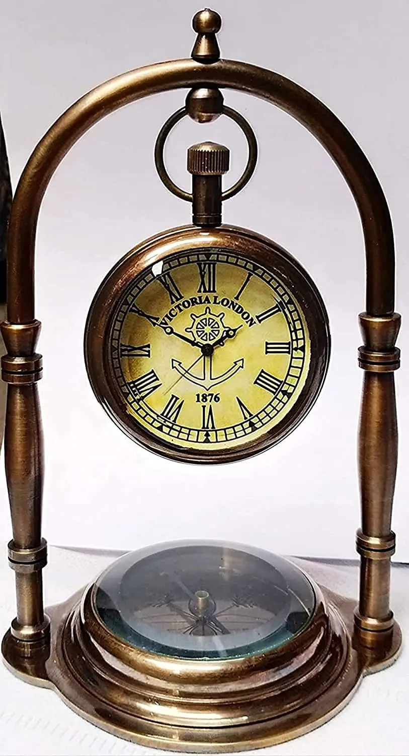 NOOR COLLECTION Handmade Antique Brass Table Top Clock Desk Clock with Desion Base Compass Hanging Clock Home Office Bed Room Study Room Decoration Gift (6 Inch Antique)