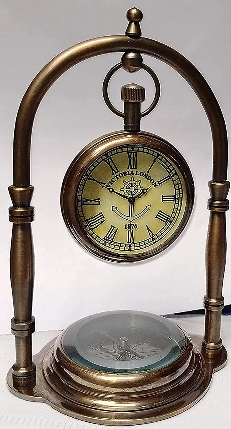 NOOR COLLECTION Handmade Antique Brass Table Top Clock Desk Clock with Desion Base Compass Hanging Clock Home Office Bed Room Study Room Decoration Gift (6 Inch Antique)