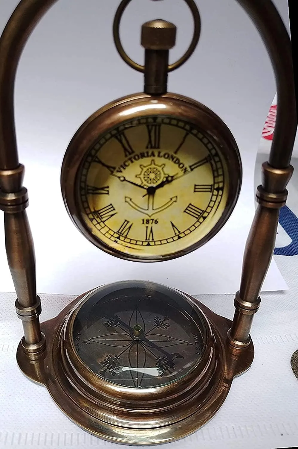NOOR COLLECTION Handmade Antique Brass Table Top Clock Desk Clock with Desion Base Compass Hanging Clock Home Office Bed Room Study Room Decoration Gift (6 Inch Antique)