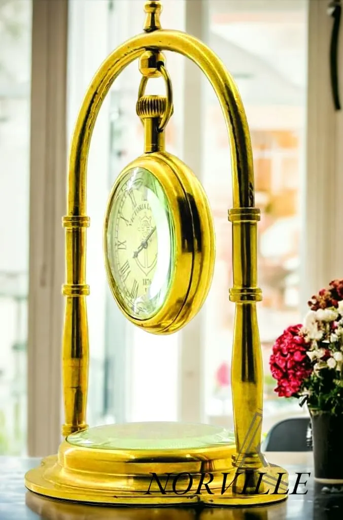 NORVILLE® Brass Antique Table Clock with Compass Base Silents Quartz Movement Clock for Home Office Decor