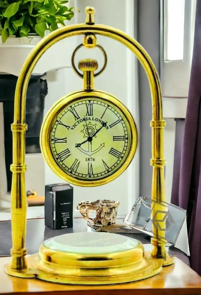 NORVILLE® Brass Antique Table Clock with Compass Base Silents Quartz Movement Clock for Home Office Decor