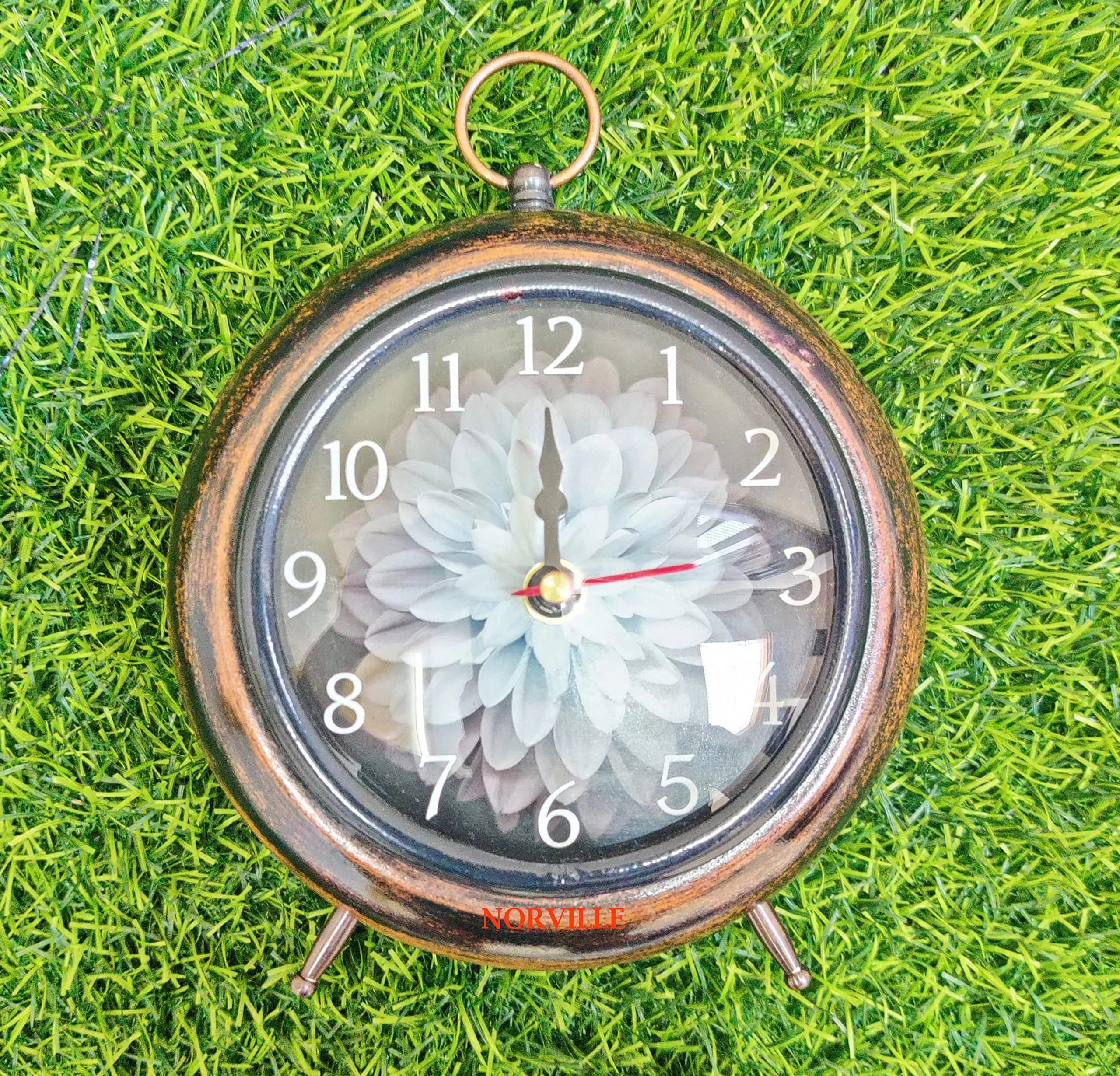 NORVILLE® Flower Dial Wood Table Clock Analog Silent Battery Operated Desk Clock (Size- 5.5 Inches)