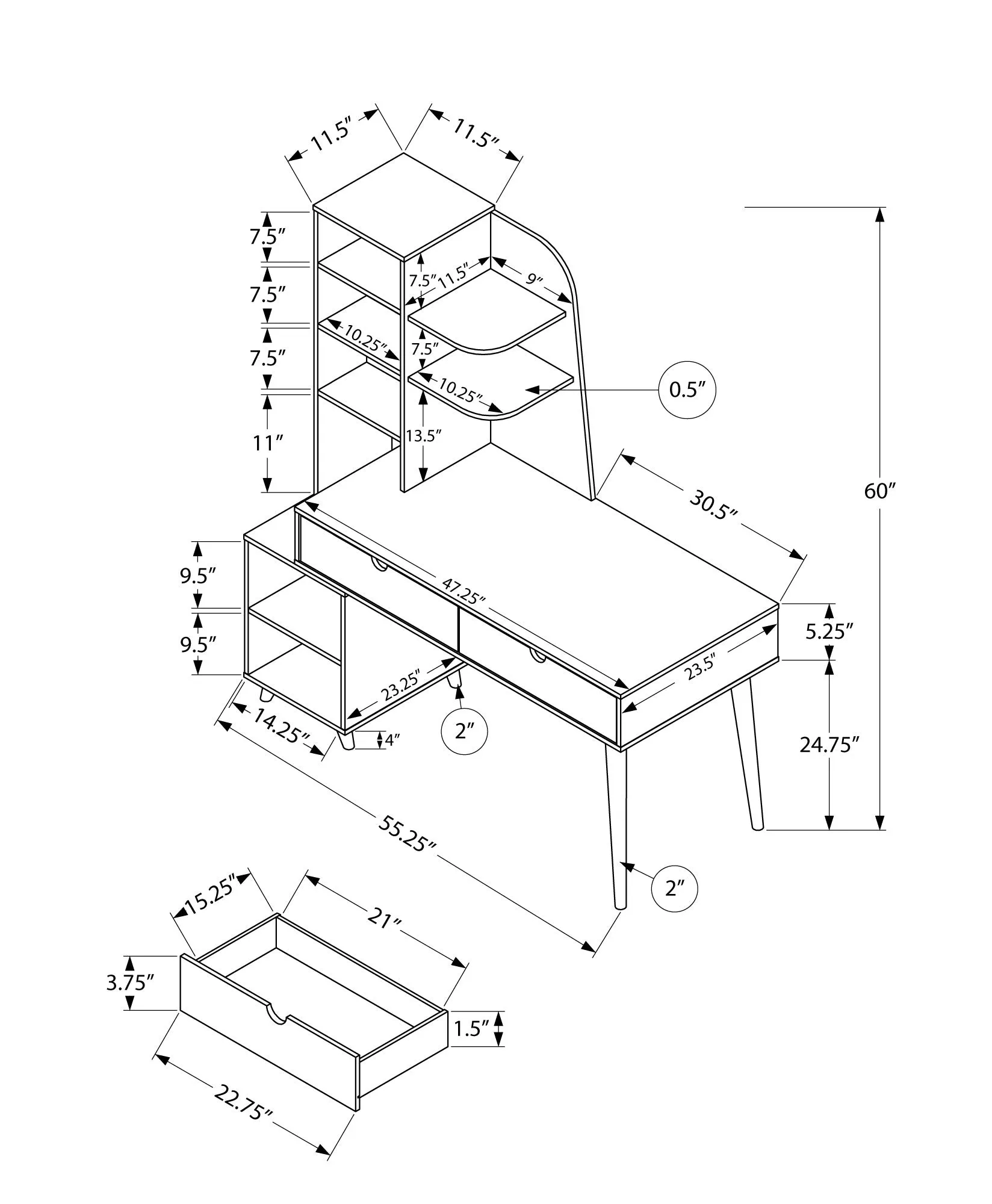 OFFICE SERIES - 55"L / GREY WITH BOOKCASE