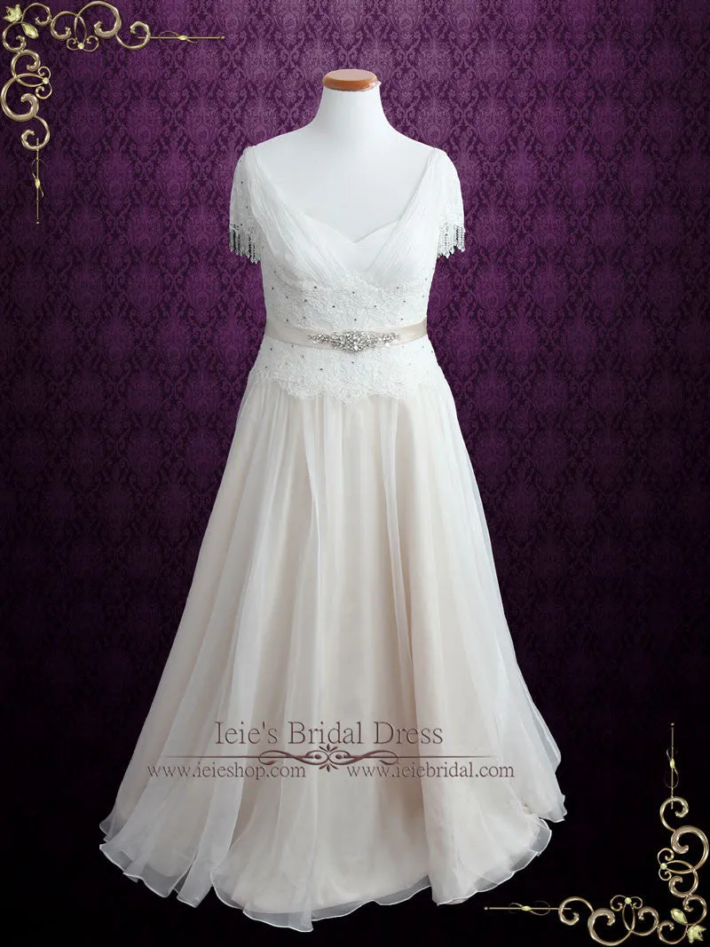 Plus Size Vintage Lace Chiffon Wedding Dress with Jeweled Sash and Fringe Cap Sleeves | Lilly