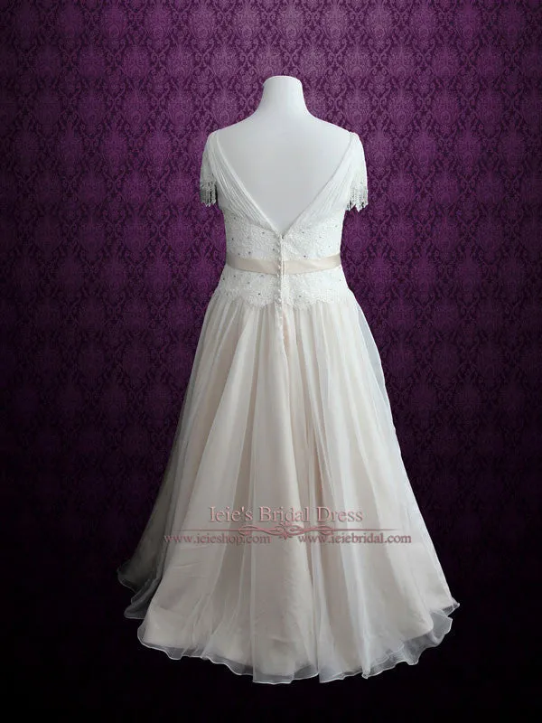 Plus Size Vintage Lace Chiffon Wedding Dress with Jeweled Sash and Fringe Cap Sleeves | Lilly