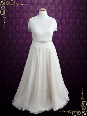 Plus Size Vintage Lace Chiffon Wedding Dress with Jeweled Sash and Fringe Cap Sleeves | Lilly