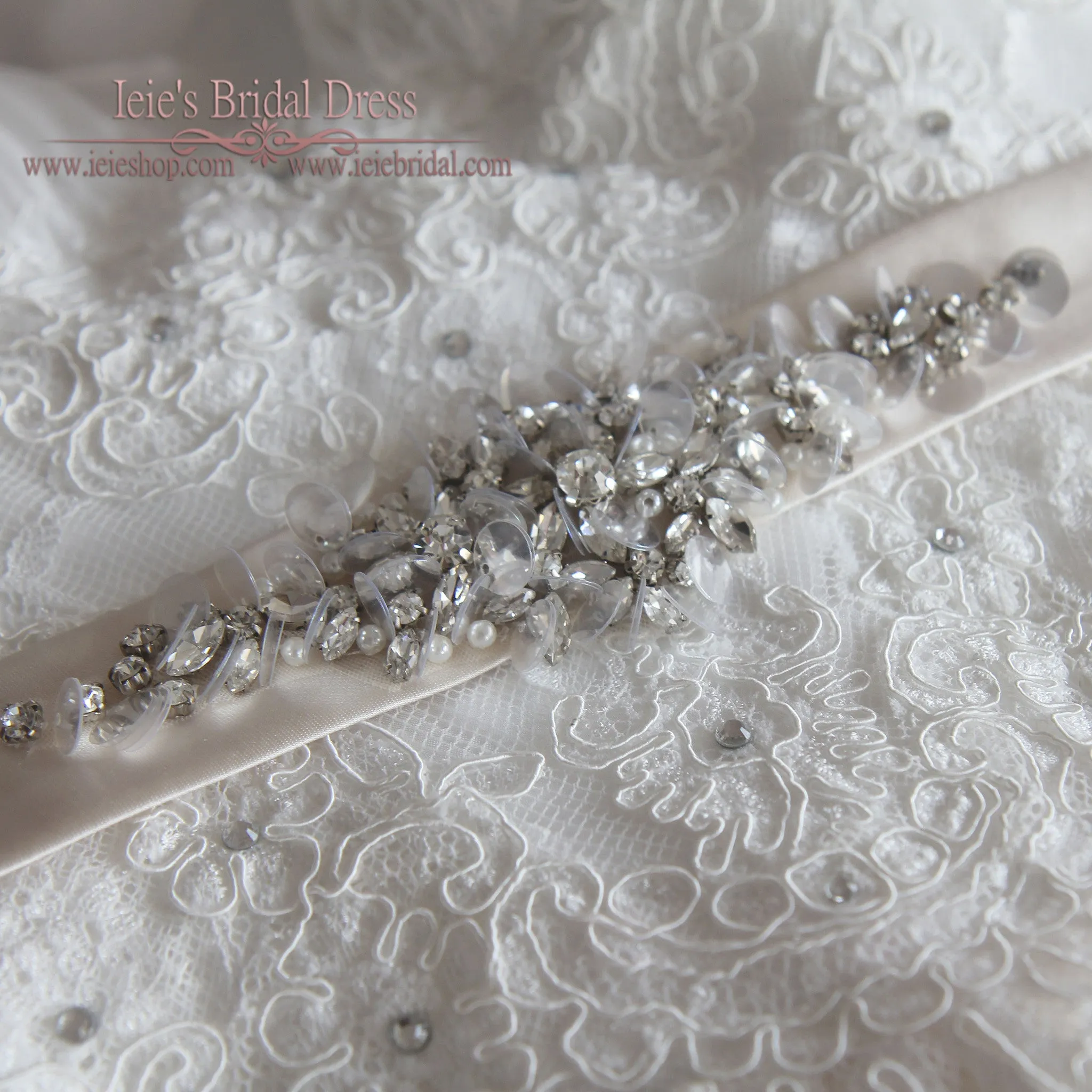 Plus Size Vintage Lace Chiffon Wedding Dress with Jeweled Sash and Fringe Cap Sleeves | Lilly