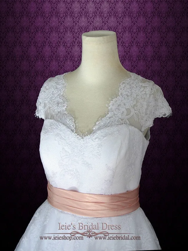 Retro 50s Tea Length Lace Wedding Dress with Short Sleeves CHERRY
