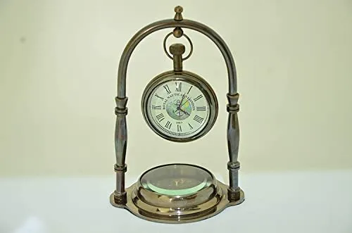 Royal Nautical Handmade Nautical Antique Brass Desk & Shelf Clock with Compass Base Antique Brass Desk Hanging Clock with Compass – Roman Dial.(Set of 5 Pieces)