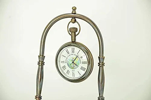 Royal Nautical Handmade Nautical Antique Brass Desk & Shelf Clock with Compass Base Antique Brass Desk Hanging Clock with Compass – Roman Dial.(Set of 5 Pieces)