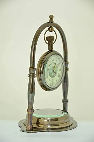 Royal Nautical Handmade Nautical Antique Brass Desk & Shelf Clock with Compass Base Antique Brass Desk Hanging Clock with Compass – Roman Dial.(Set of 5 Pieces)