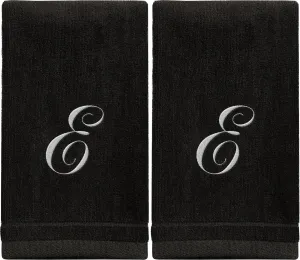 Set of 2 Black Monogrammed Towel - White Embroidered - Initial E (Wholesale)