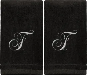 Set of 2 Black Monogrammed Towel - White Embroidered - Initial F (Wholesale)