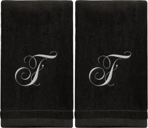 Set of 2 Black Monogrammed Towel - White Embroidered - Initial F