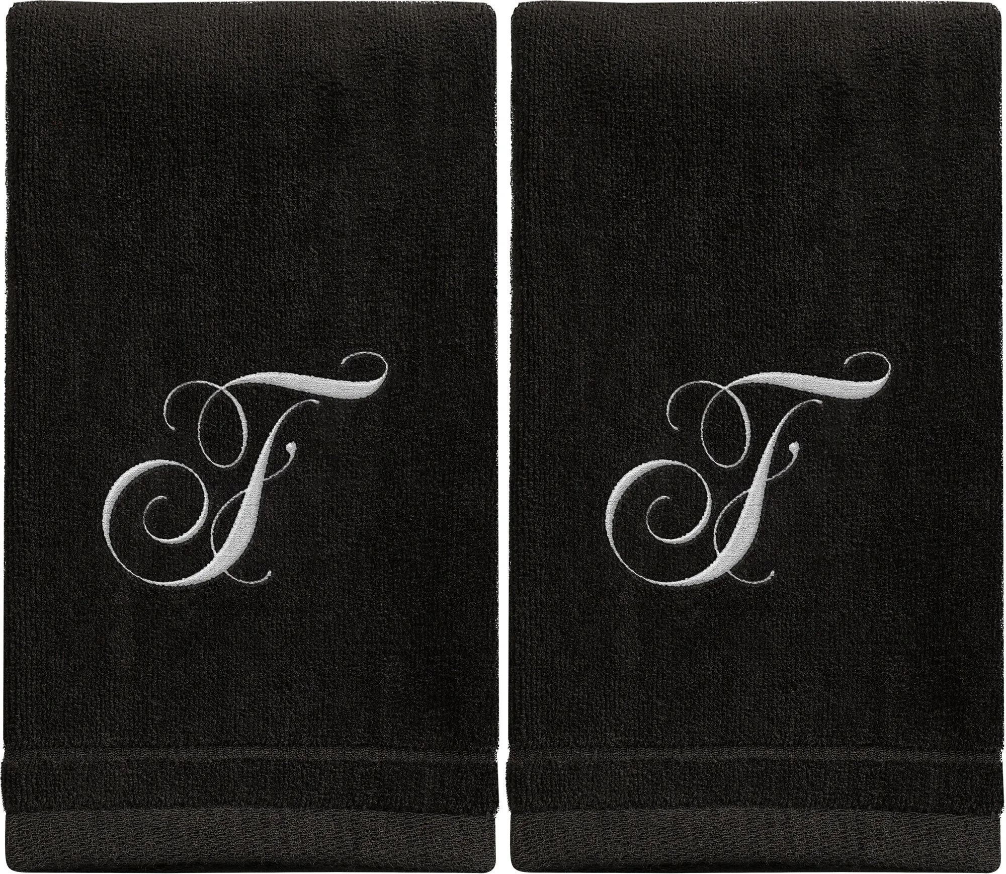 Set of 2 Black Monogrammed Towel - White Embroidered - Initial F