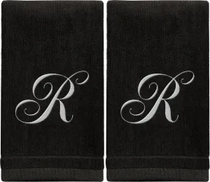 Set of 2 Black Monogrammed Towel - White Embroidered - Initial R (Wholesale)