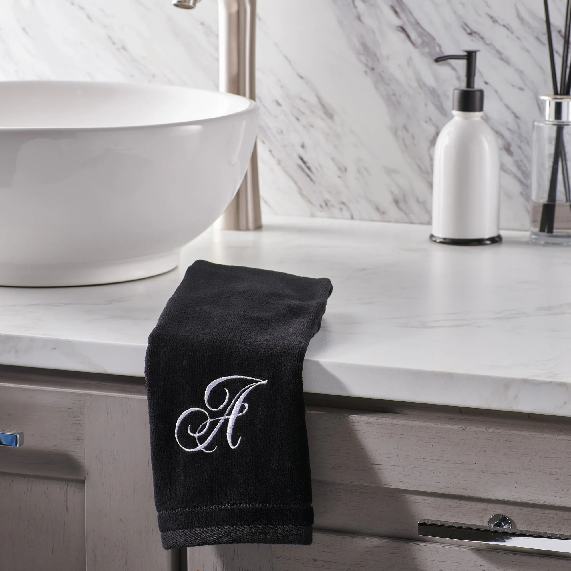 Set of 2 Black Monogrammed Towel - White Embroidered - Initial R (Wholesale)