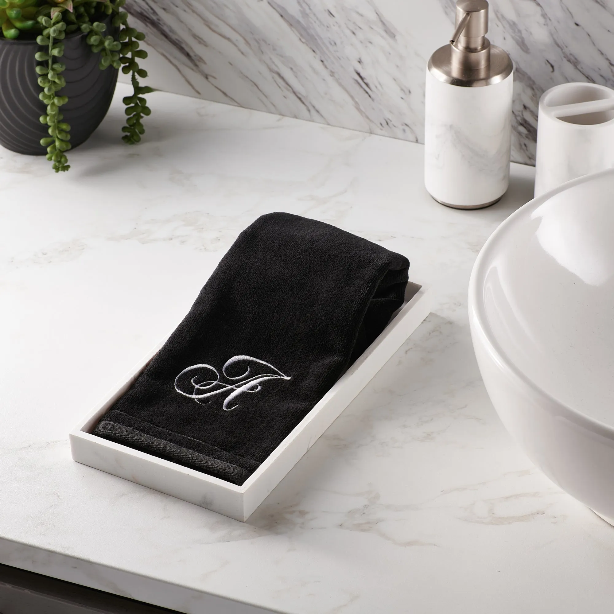 Set of 2 Black Monogrammed Towel - White Embroidered - Initial R (Wholesale)