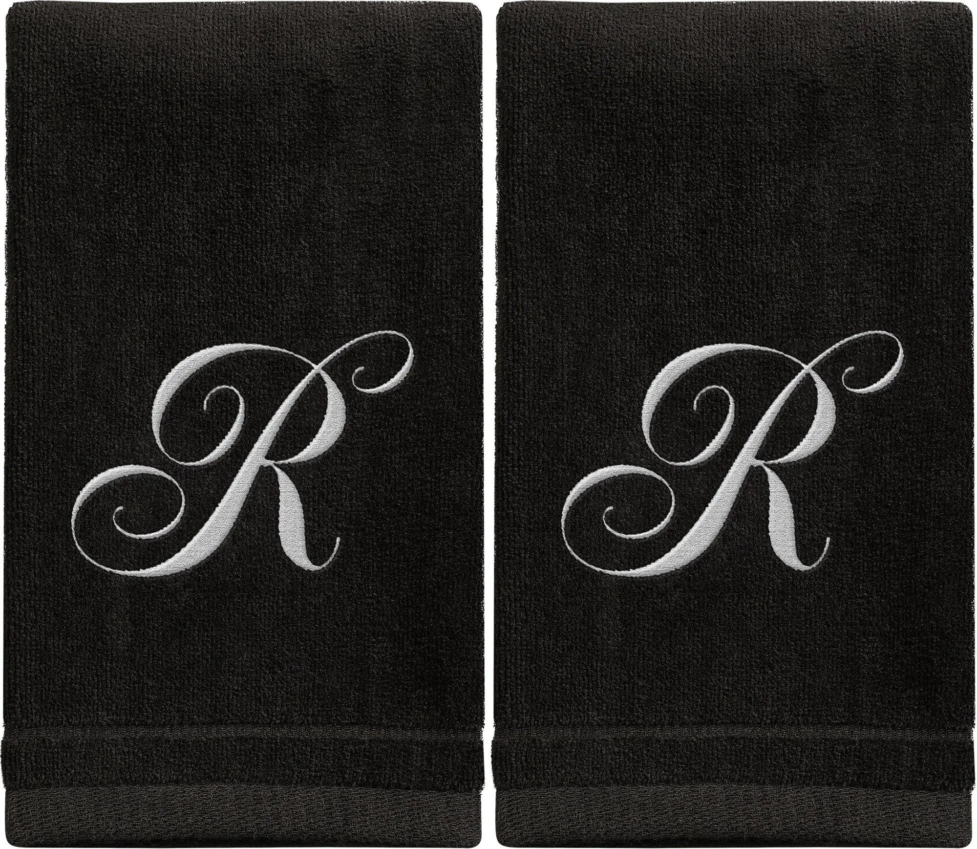 Set of 2 Black Monogrammed Towel - White Embroidered - Initial R (Wholesale)