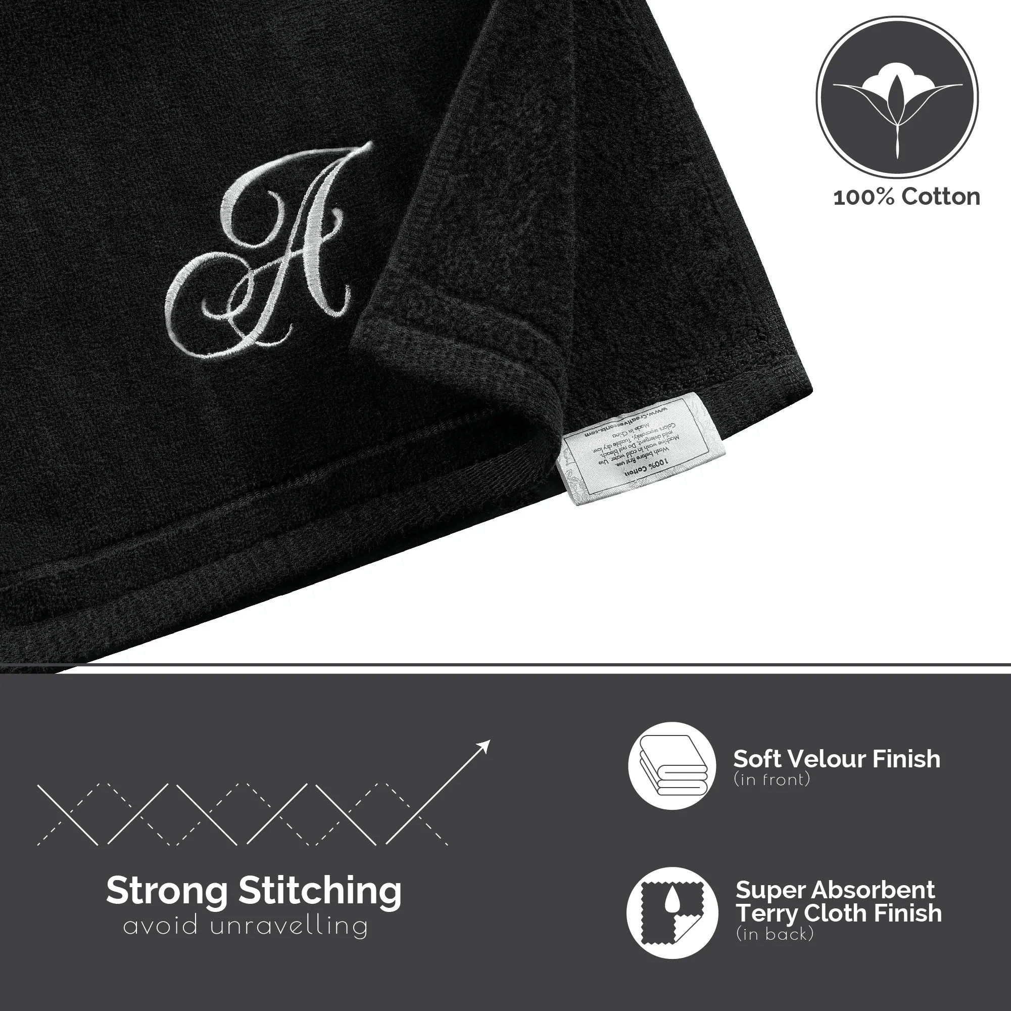 Set of 2 Black Monogrammed Towel - White Embroidered - Initial R (Wholesale)