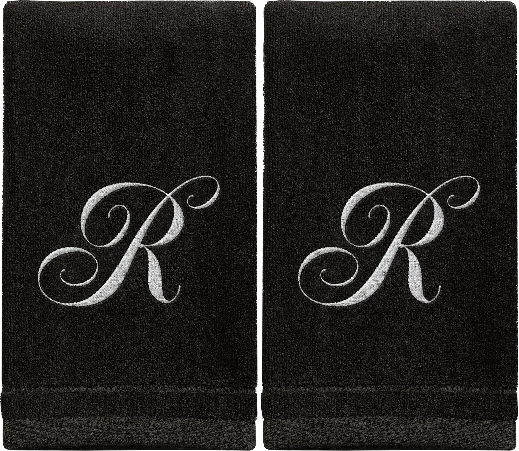 Set of 2 Black Monogrammed Towel - White Embroidered - Initial R