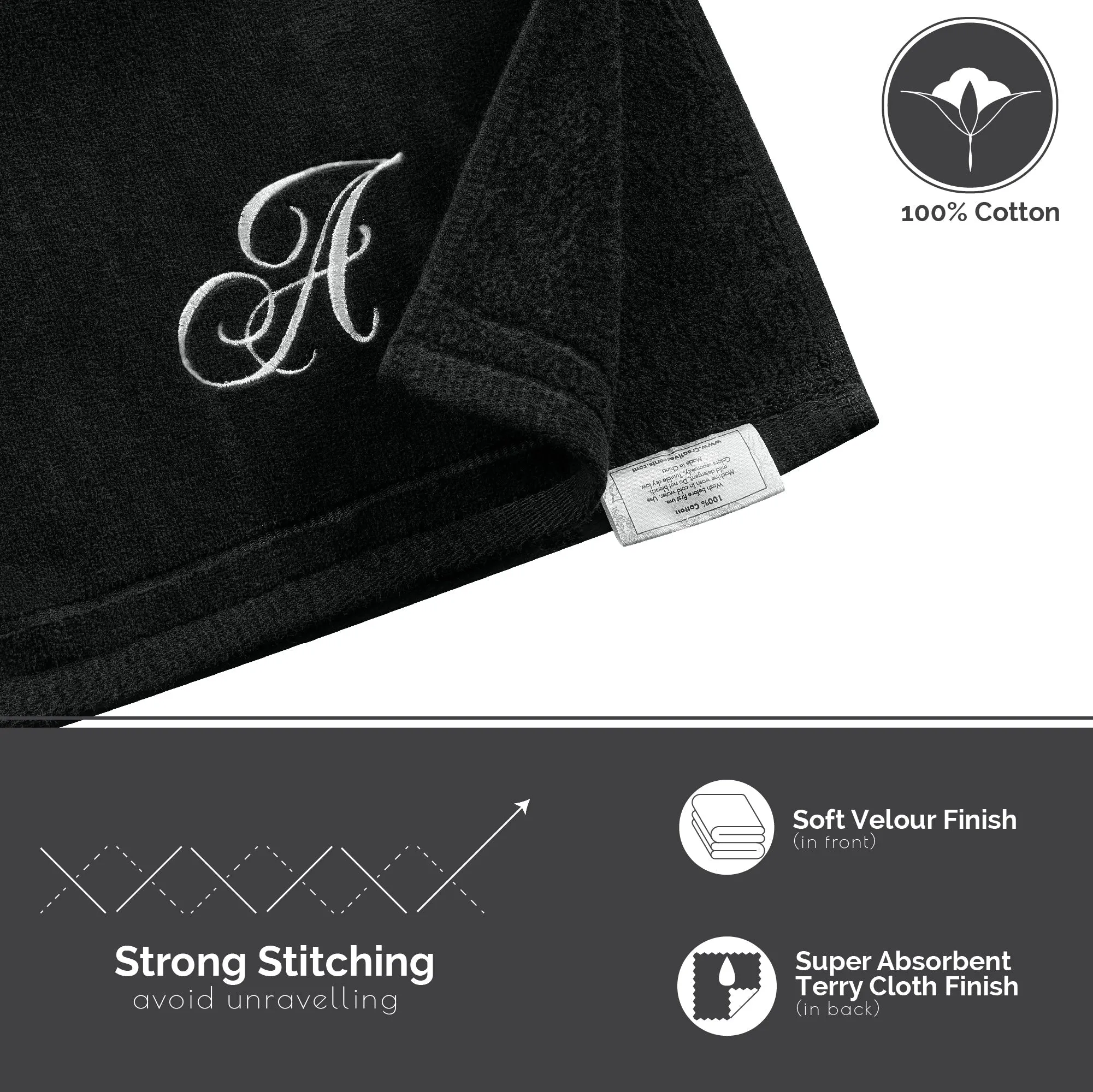 Set of 2 Black Monogrammed Towel - White Embroidered - Initial R