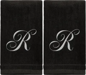 Set of 2 Black Monogrammed Towel - White Embroidered - Initial R