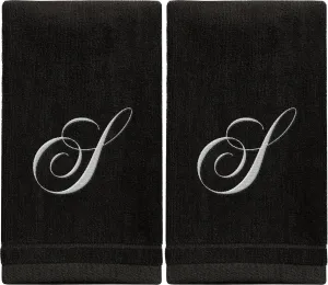 Set of 2 Black Monogrammed Towel - White Embroidered - Initial S