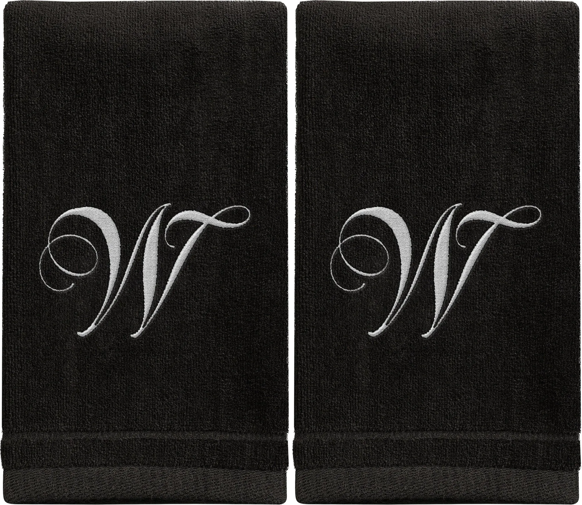 Set of 2 Black Monogrammed Towel - White Embroidered - Initial W (Wholesale)