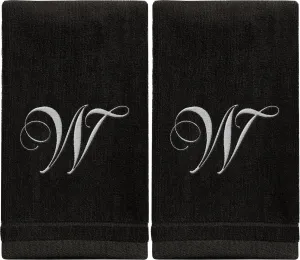 Set of 2 Black Monogrammed Towel - White Embroidered - Initial W (Wholesale)