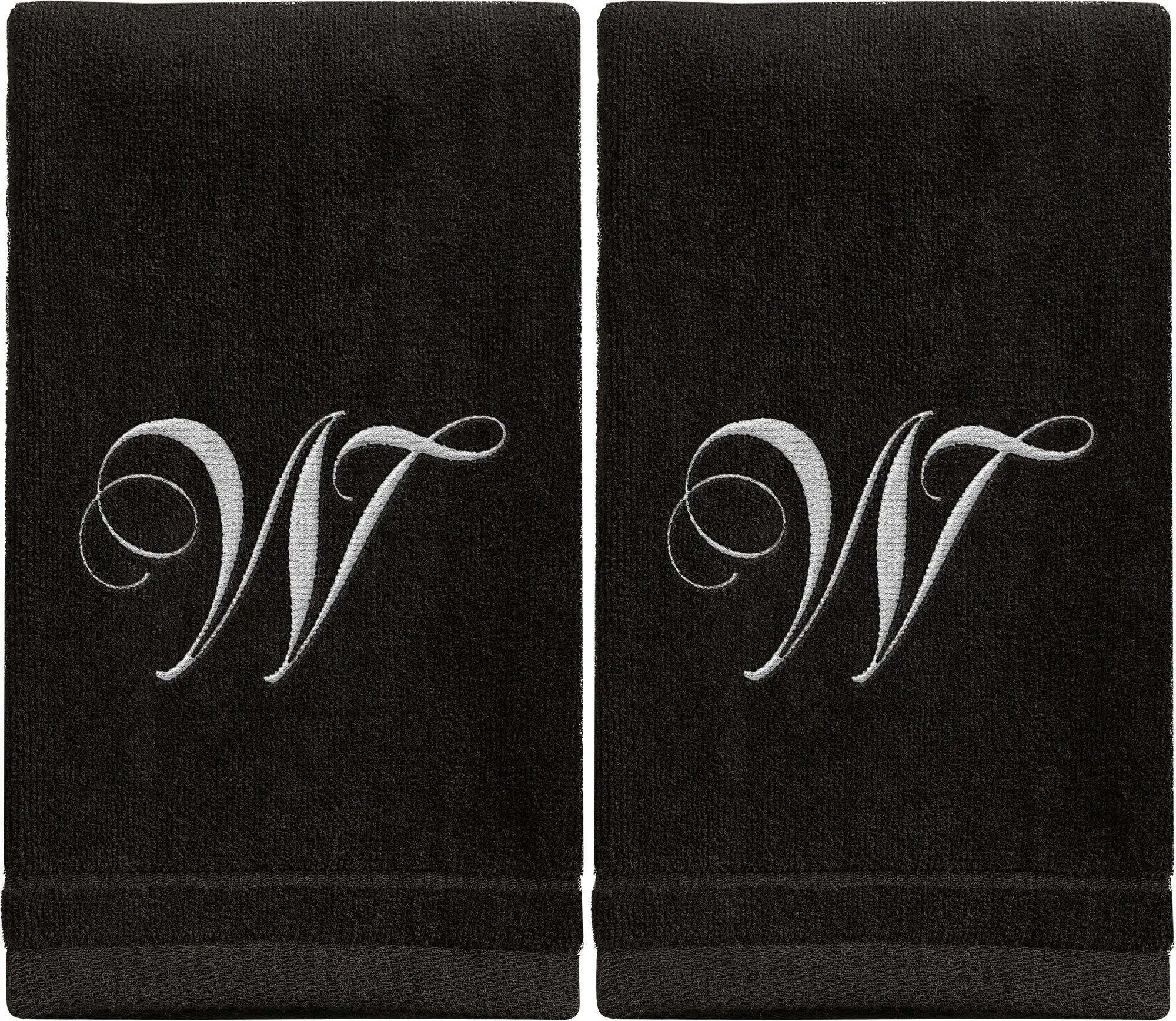 Set of 2 Black Monogrammed Towel - White Embroidered - Initial W