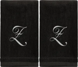 Set of 2 Black Monogrammed Towel - White Embroidered - Initial Z